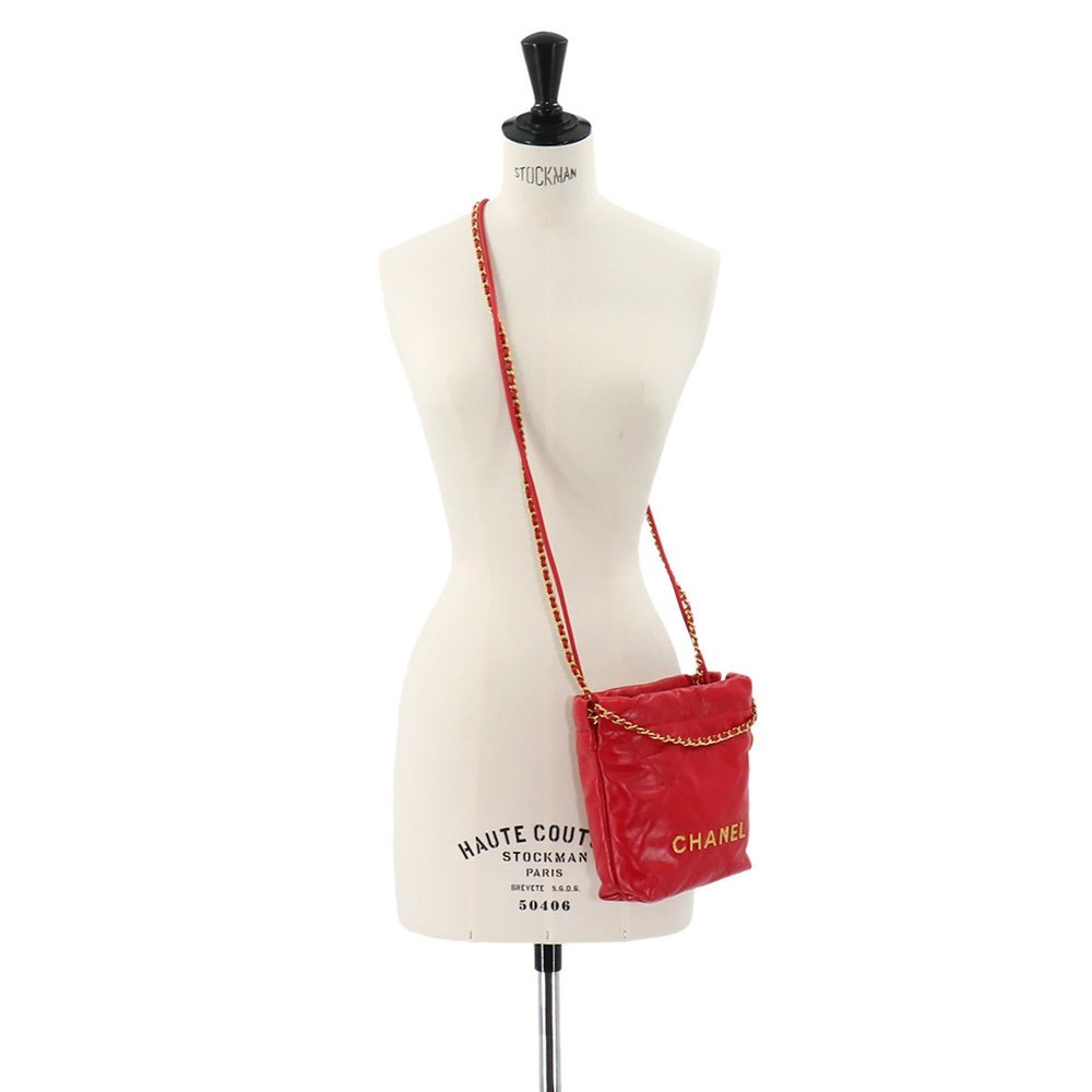 CHANEL 22 2way Chain Hand Shoulder Bag Leather Red AS3980 Mini - Picture 9 of 9